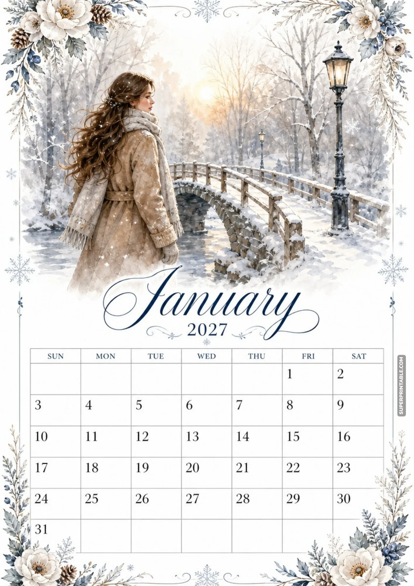 A woman in a winter coat walks through a snowy park near a historic arched stone bridge and street lamps