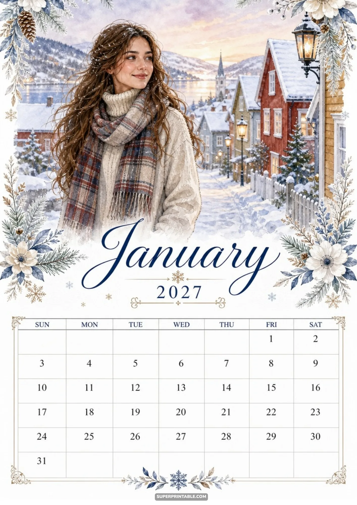 A woman in a knit sweater stands on a snowy path looking at colorful houses in a winter village by water