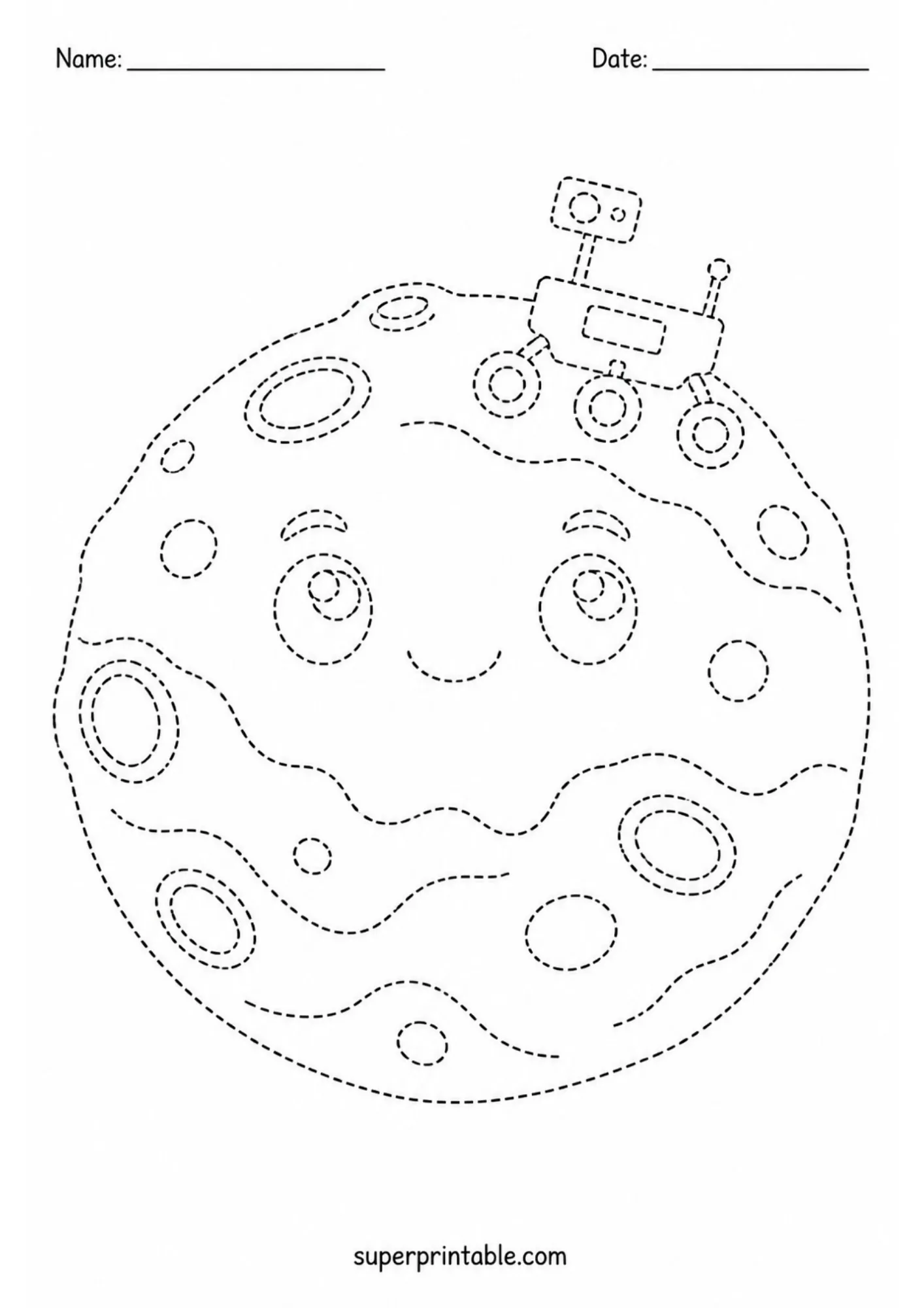 Robotic space rover exploring a cratered planet line tracing activity worksheet.