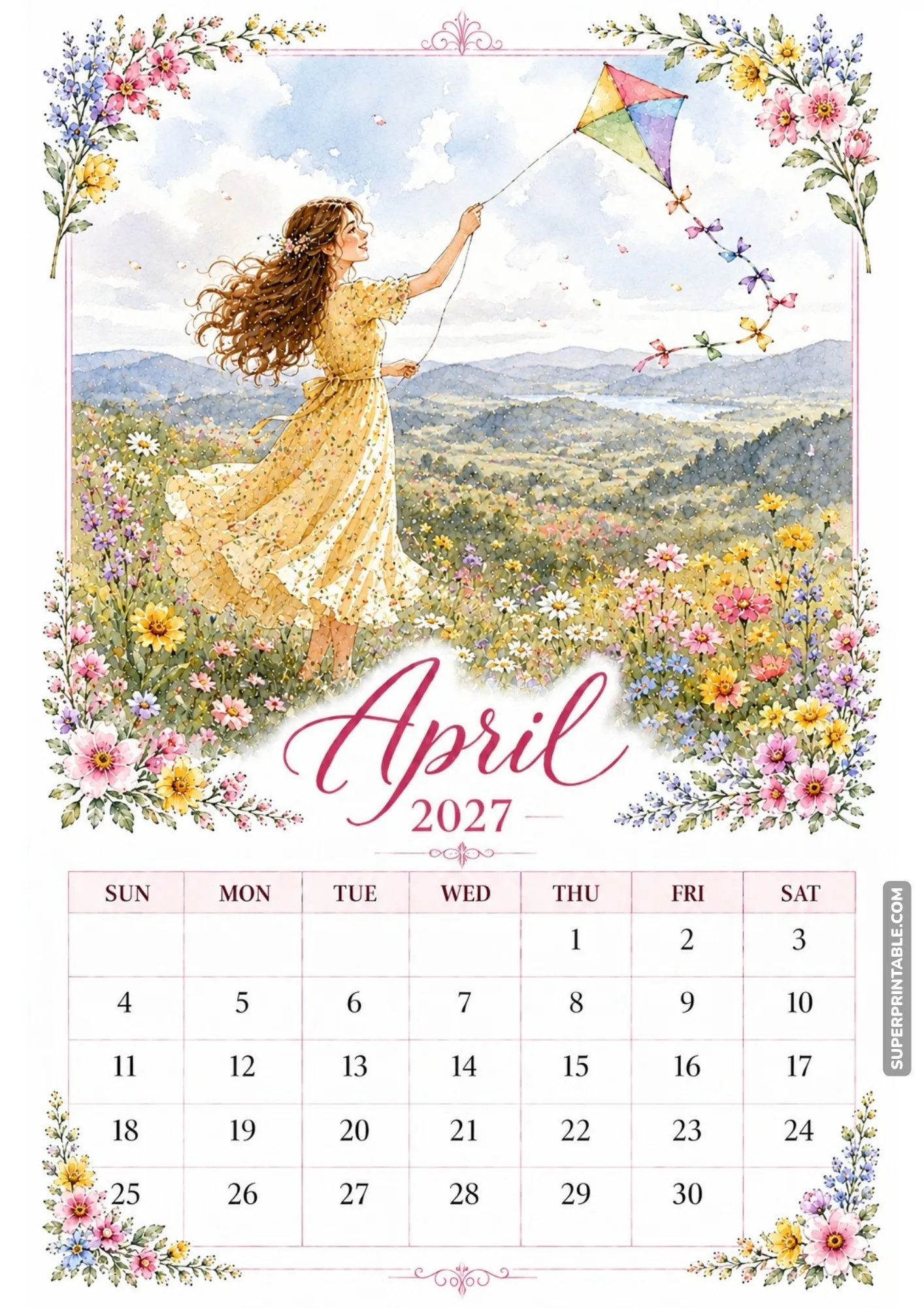 Woman flying a bright multicolored kite on a grassy hill surrounded by spring wildflowers.