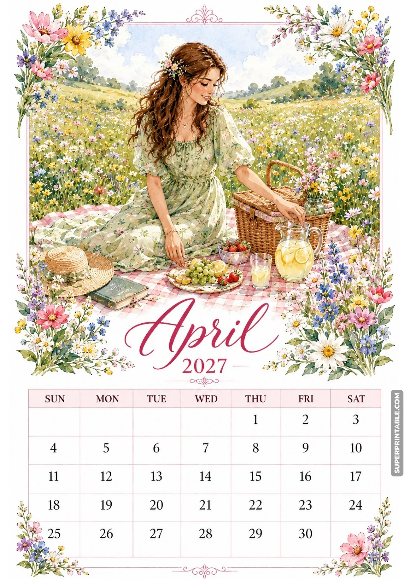 Woman relaxing on a picnic blanket in a daisy meadow with lemonade pitcher and fresh fruit.