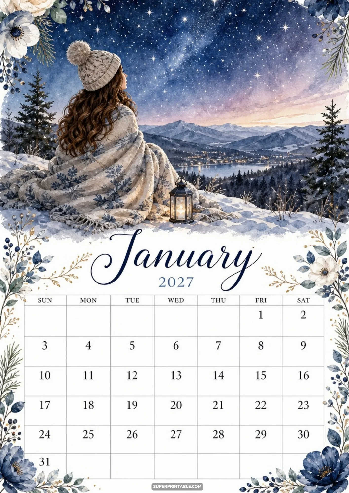 A woman wrapped in a patterned blanket looks at a starry night sky and winter mountains from a snowy hill