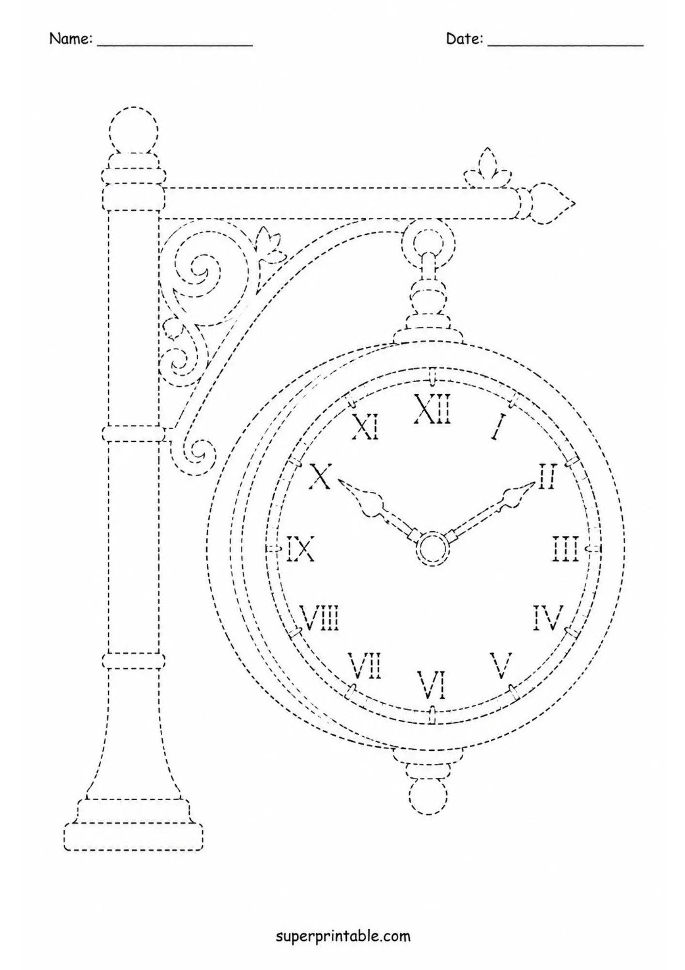 Ornate train station wall clock line tracing activity worksheet for kids.