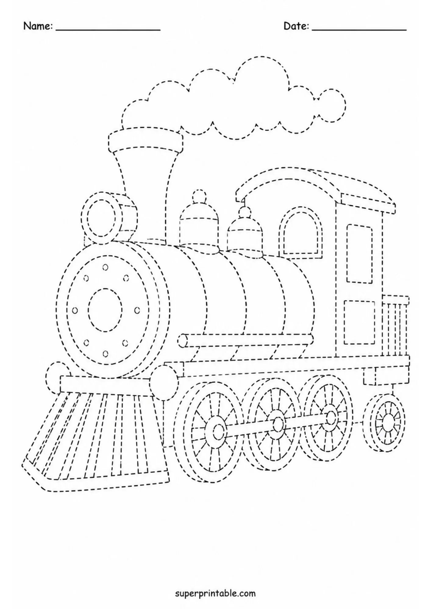 Printable steam train tracing page from train station activity worksheets.