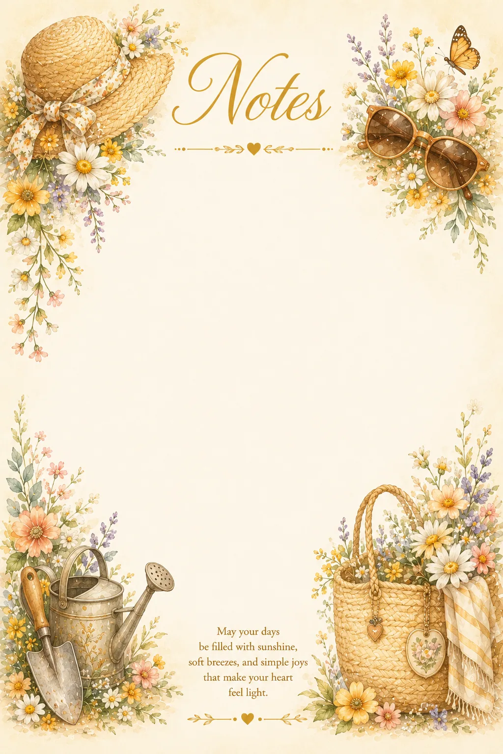 Summer garden accessories, straw hat, flowers and picnic basket around a writing page.