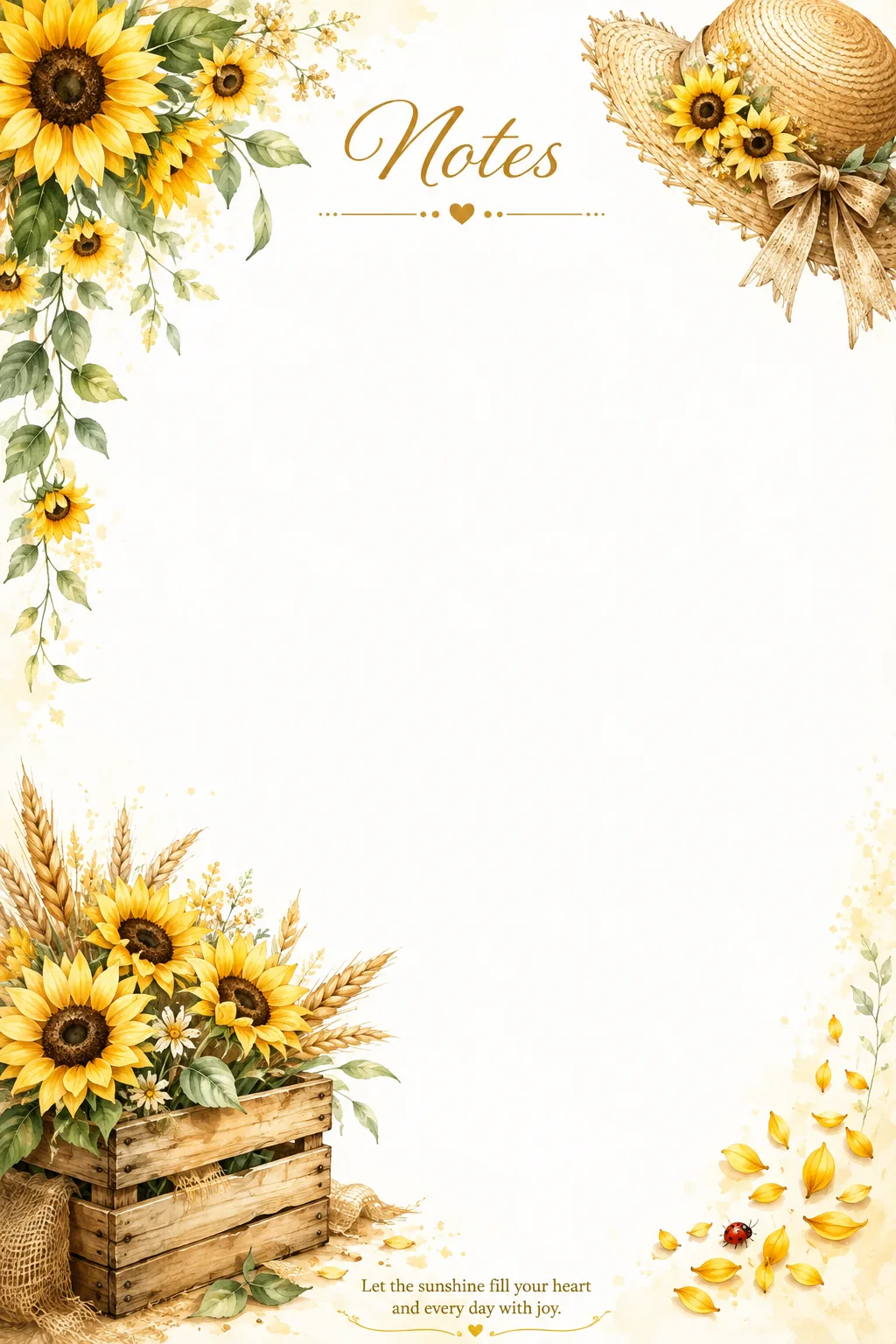 Sunflower harvest notes stationery pages with rustic floral borders and wide writing space.