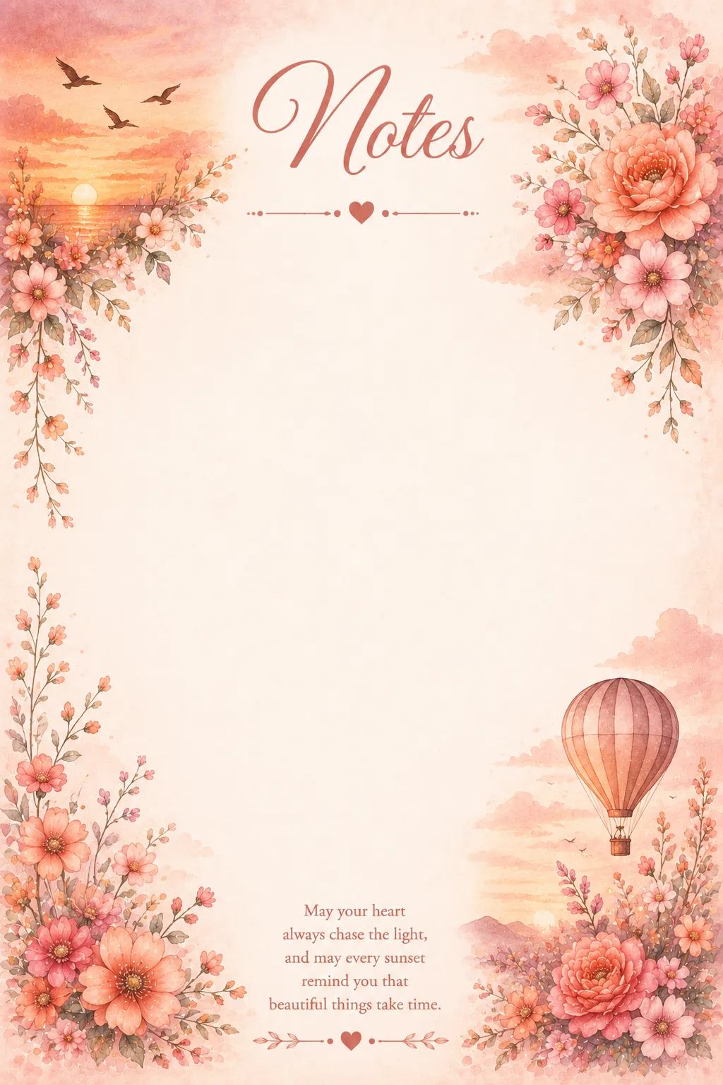 Sunset sky, hot air balloon and blooming flowers framing a printable writing page.