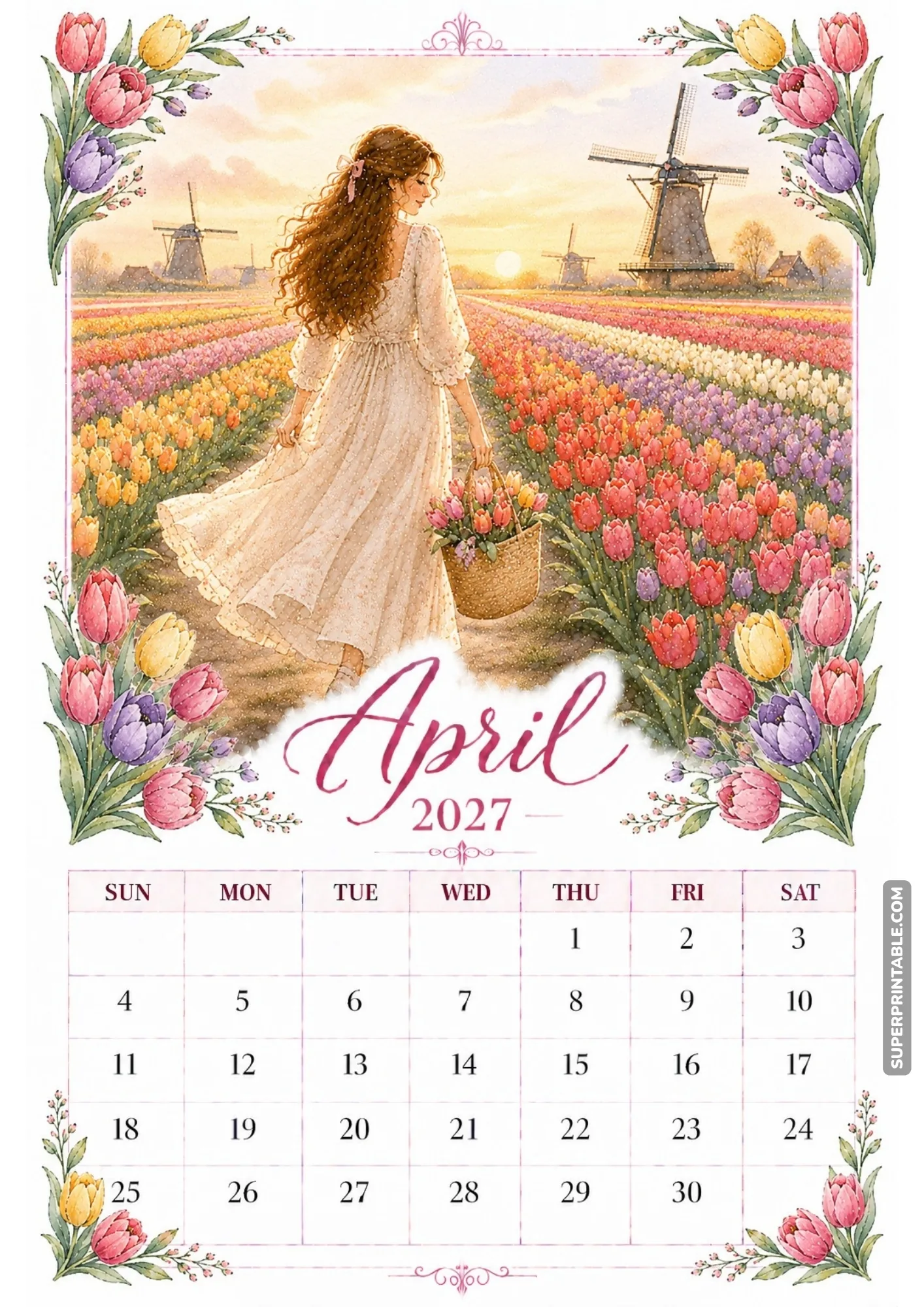 Woman walking through rows of vibrant tulips at golden hour sunset with historic windmills nearby.