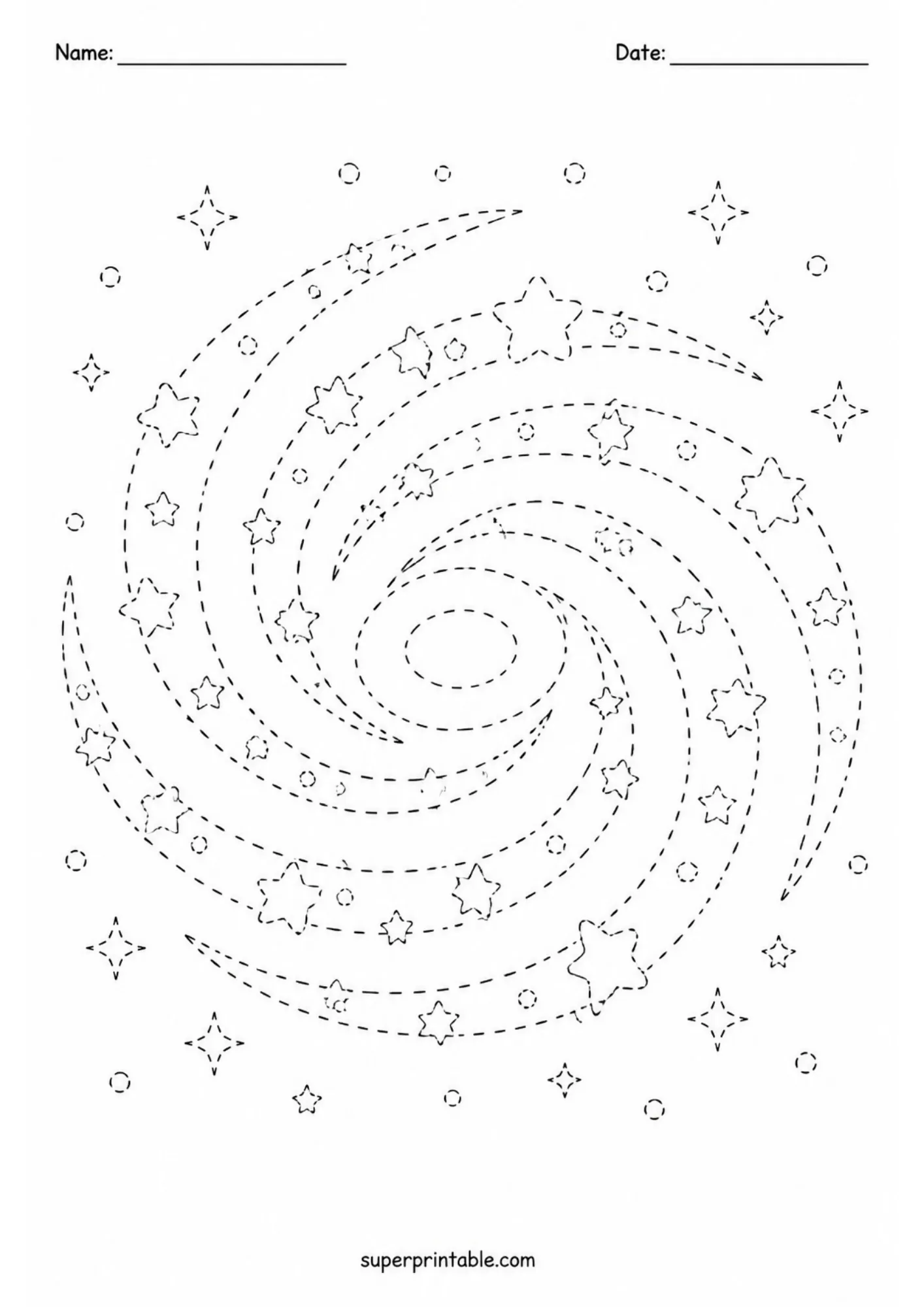 Swirling spiral galaxy arms filled with small stars for pre-writing line practice.