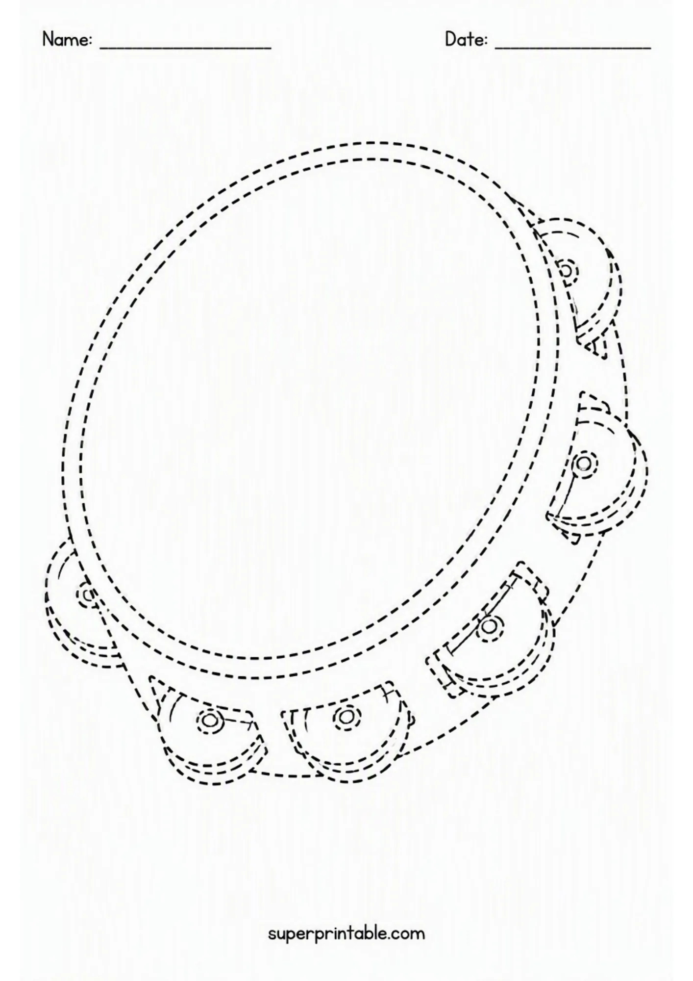 Music room activity worksheets showing a circular tambourine with metal jingles.