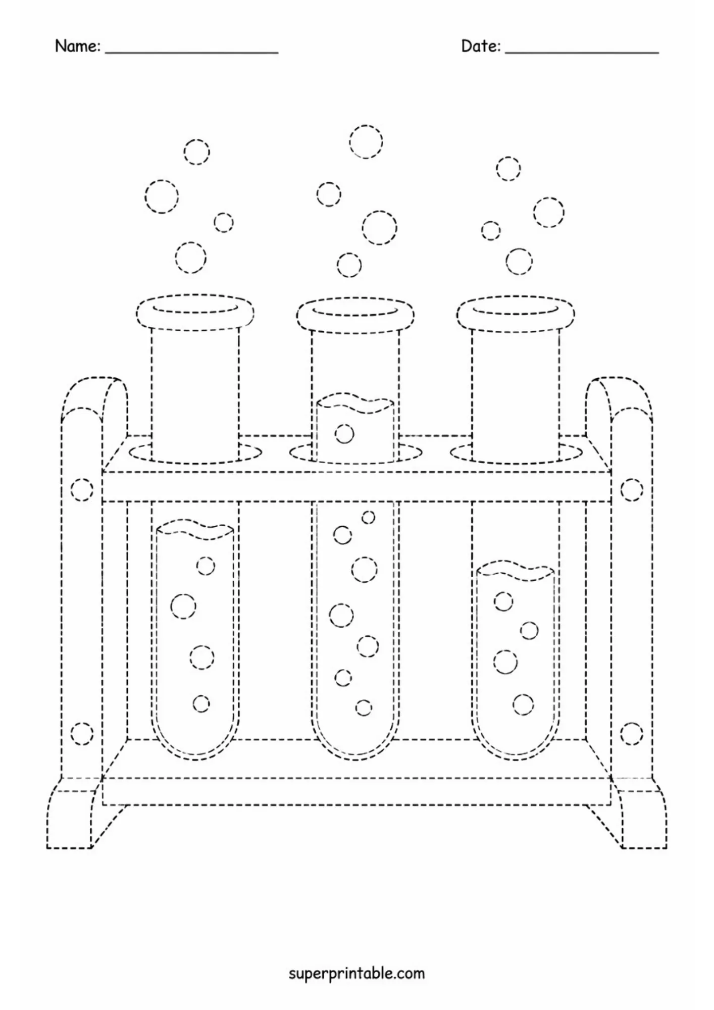Line art tracing worksheet with three test tubes resting in a rack with floating bubbles.