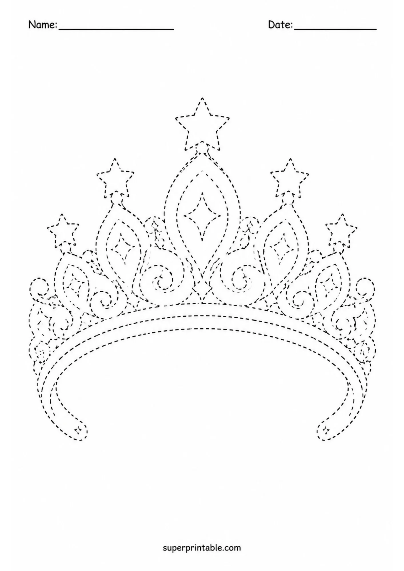 Printable tiara crown tracing sheet with intricate dashed lines and star details.