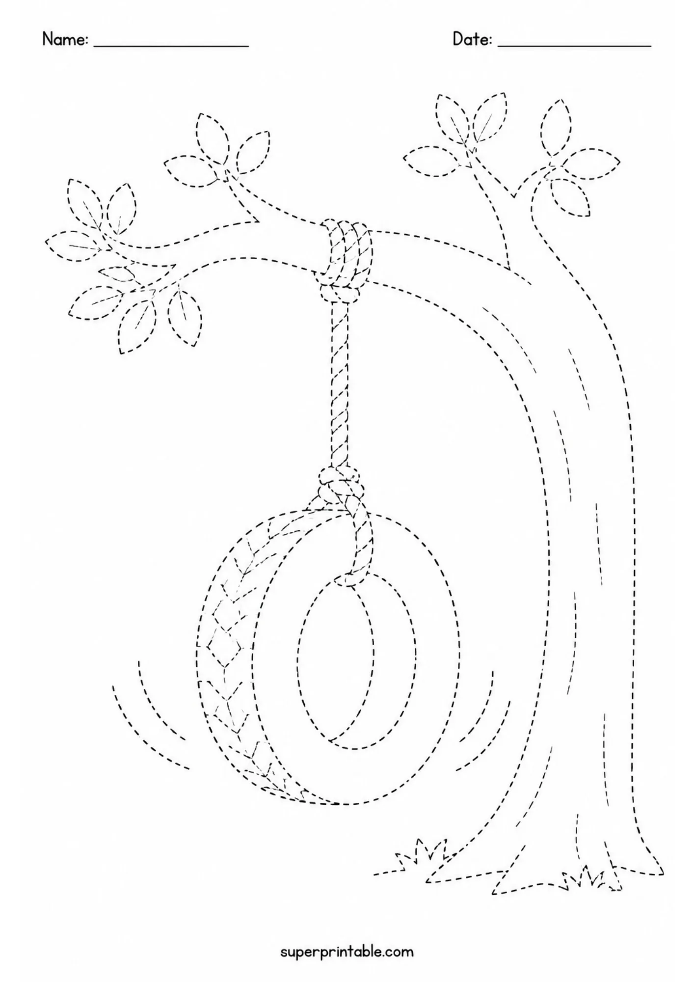Dashed line worksheet depicting a tire swing hanging from a curved tree branch for kids.