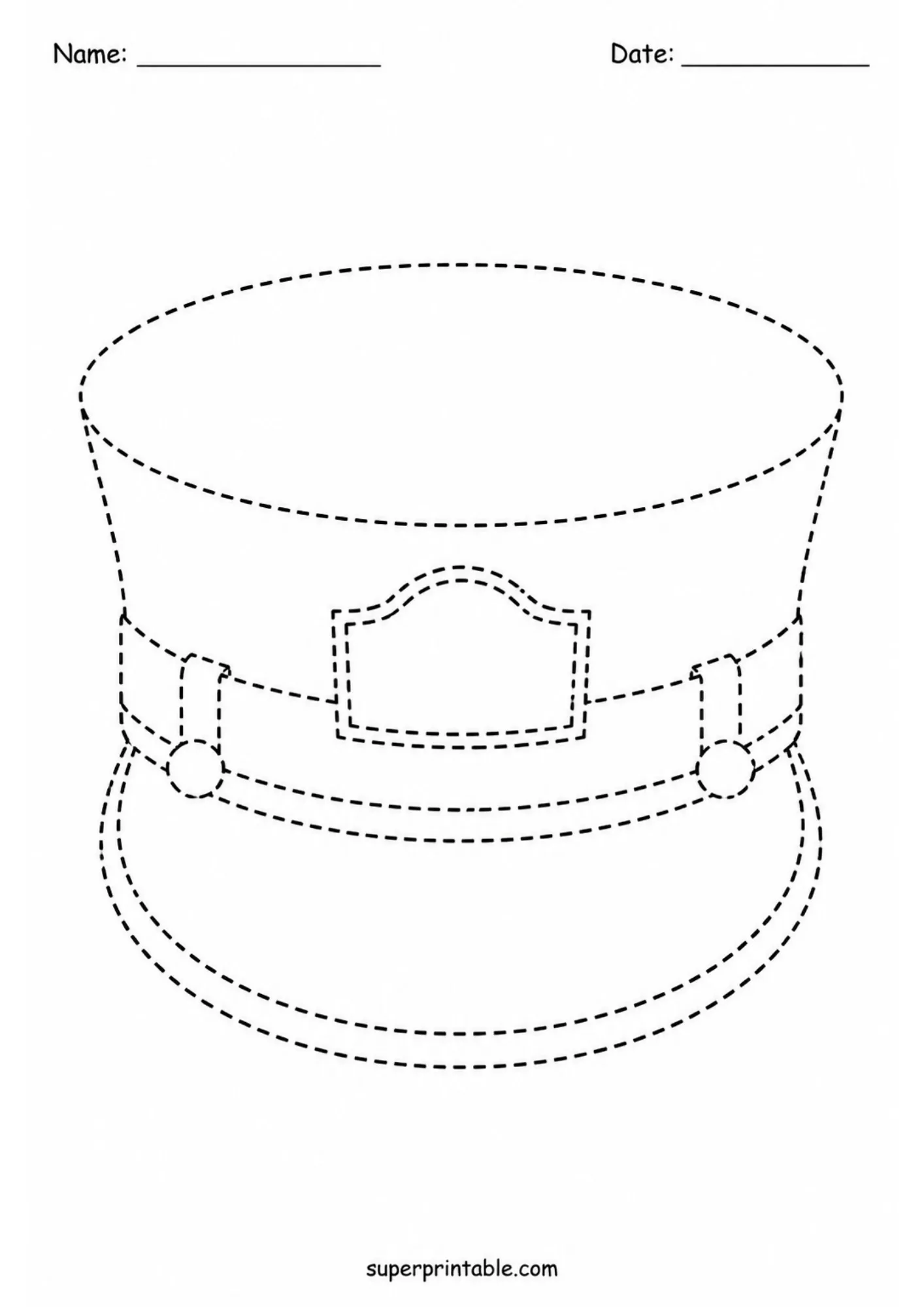 Preschool tracing activity worksheet featuring a train conductor hat.