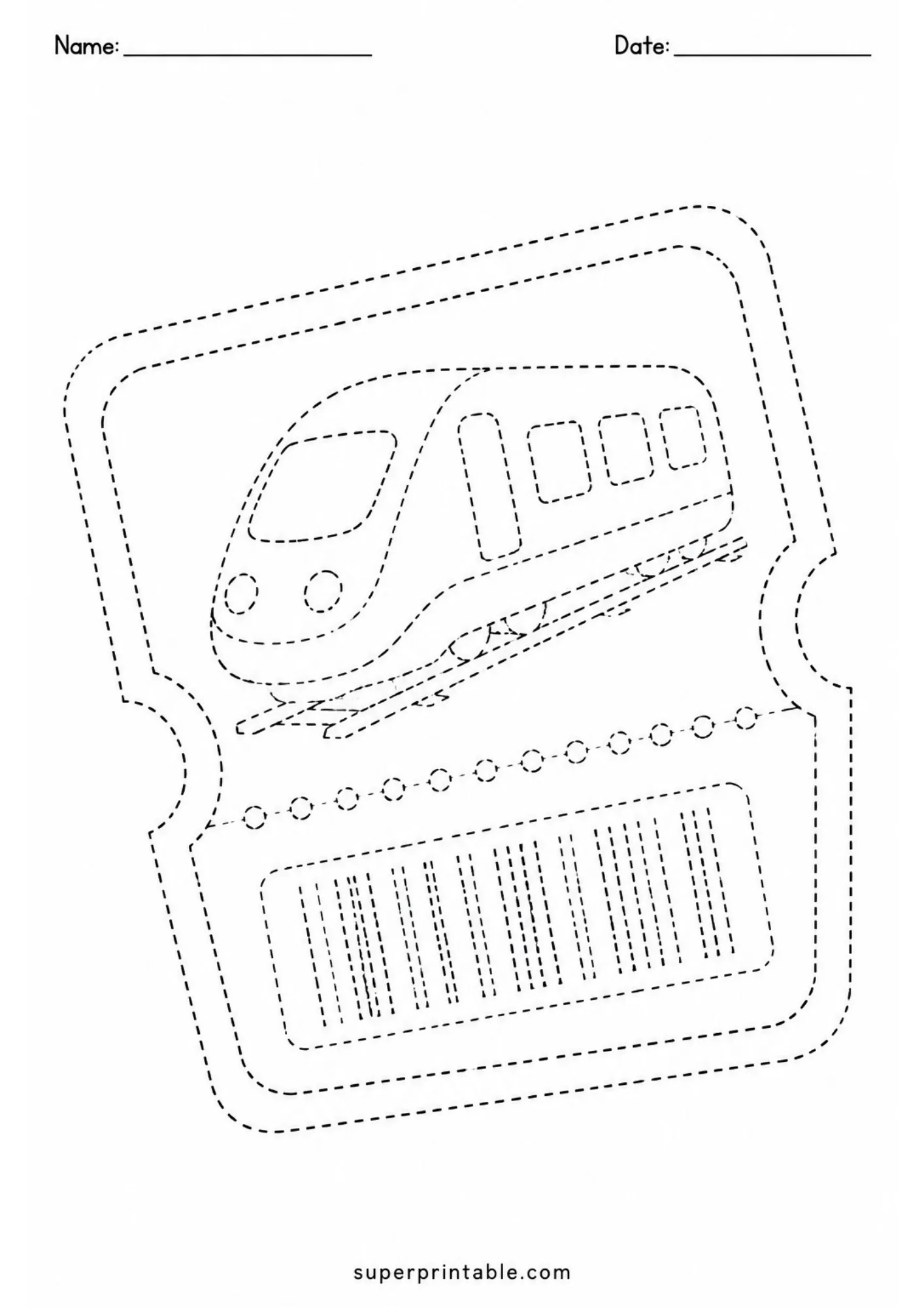 Fun train ticket stub tracing sheet with bullet train graphic and barcode.