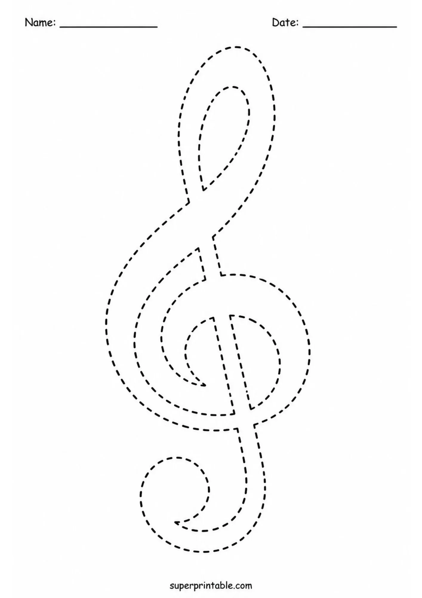 Printable activity worksheet displaying a large dotted treble clef symbol.