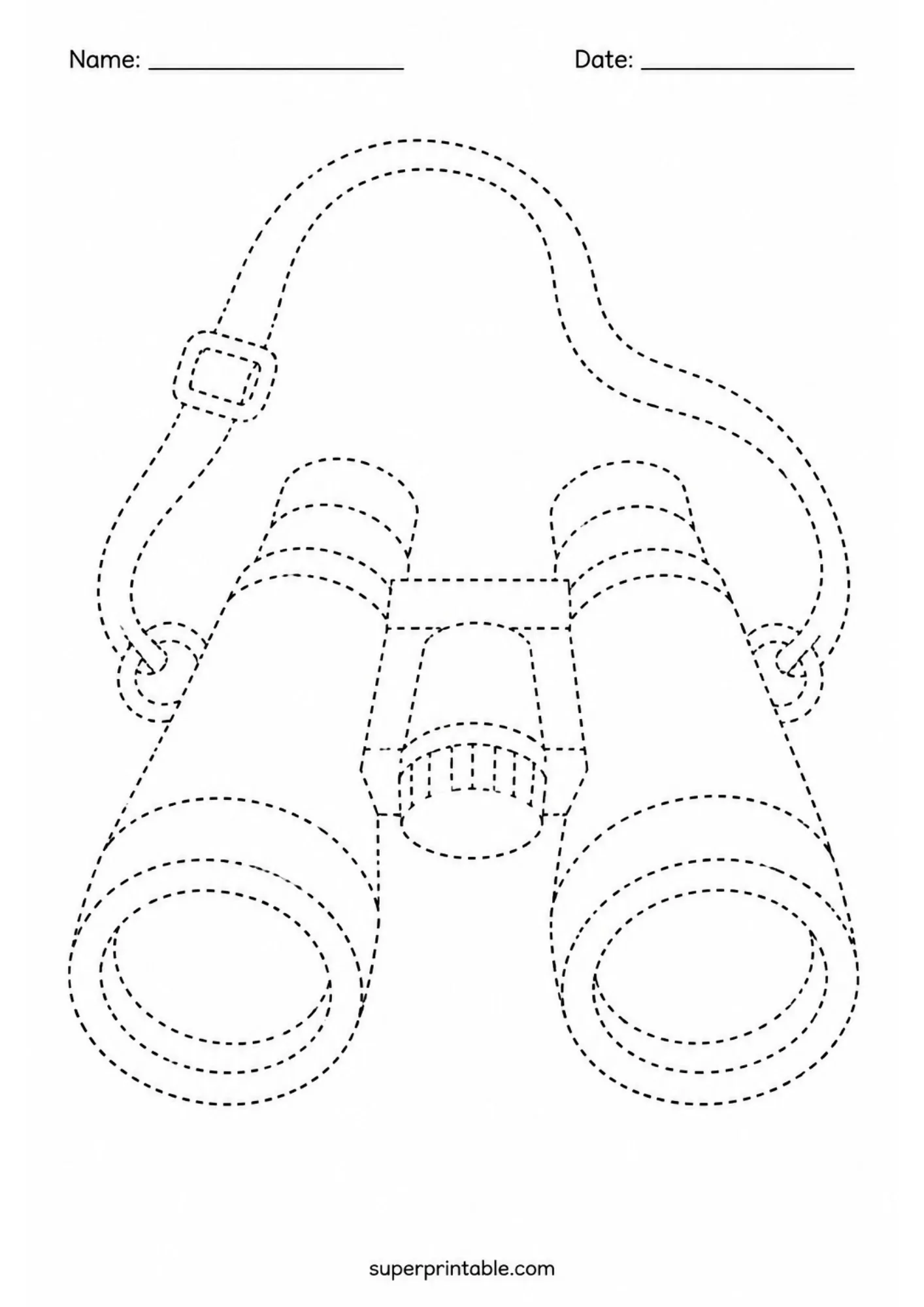 Line art tracing worksheet of outdoor play binoculars with neck strap for kids.