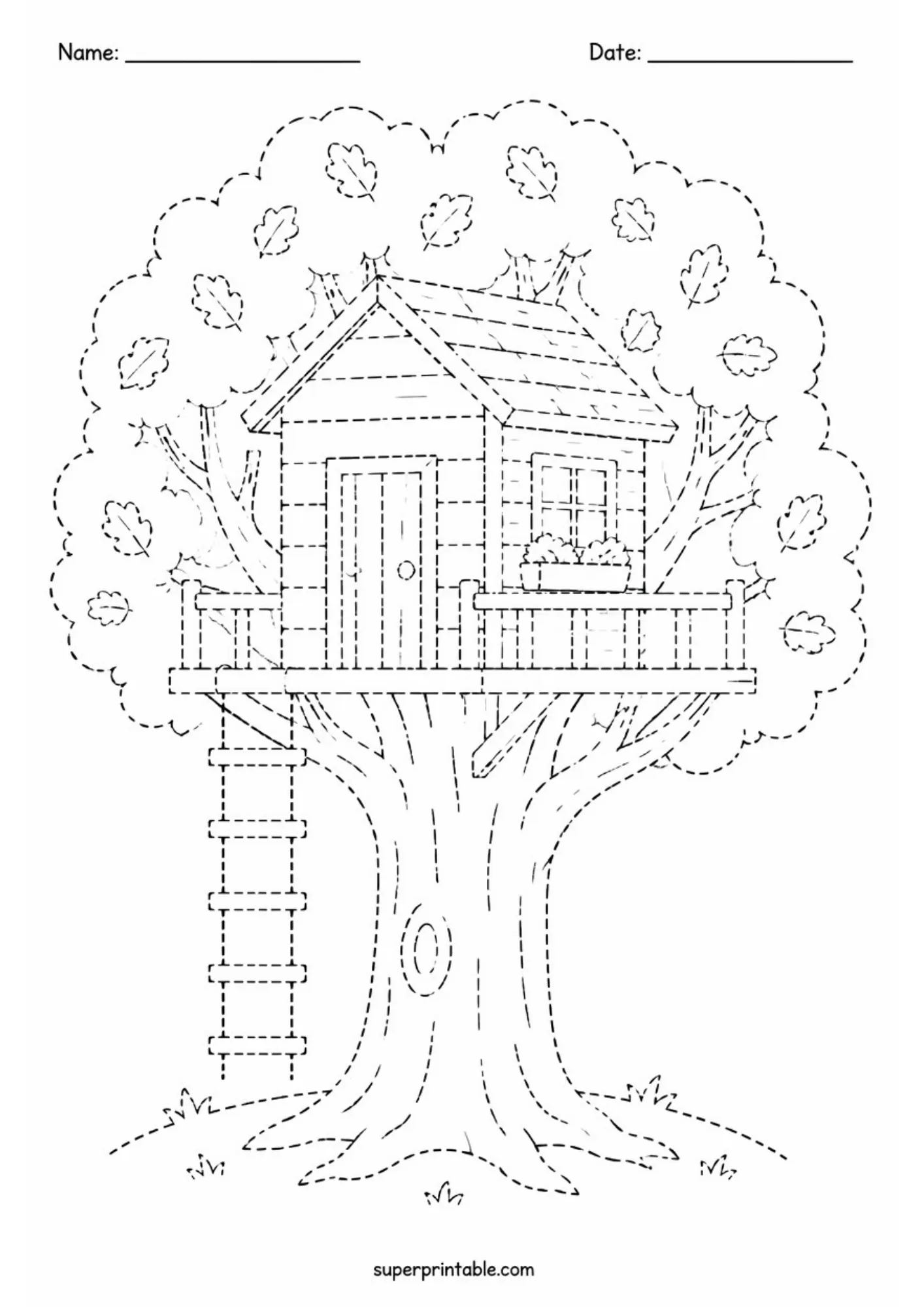 Detailed treehouse play activity worksheets page featuring a wooden treehouse in an oak tree.