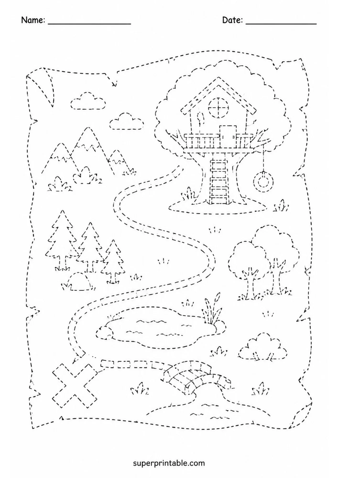 Treasure map treehouse play activity worksheets page with path, mountains, and bridge.