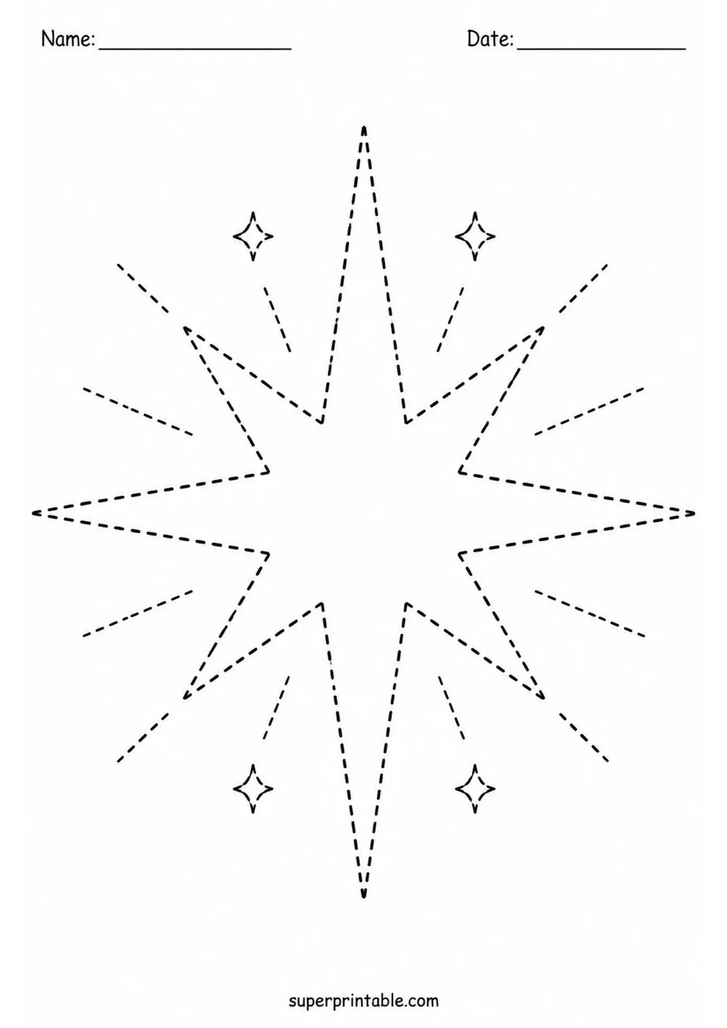 Large starburst outline surrounded by dashed radiating light rays for tracing.