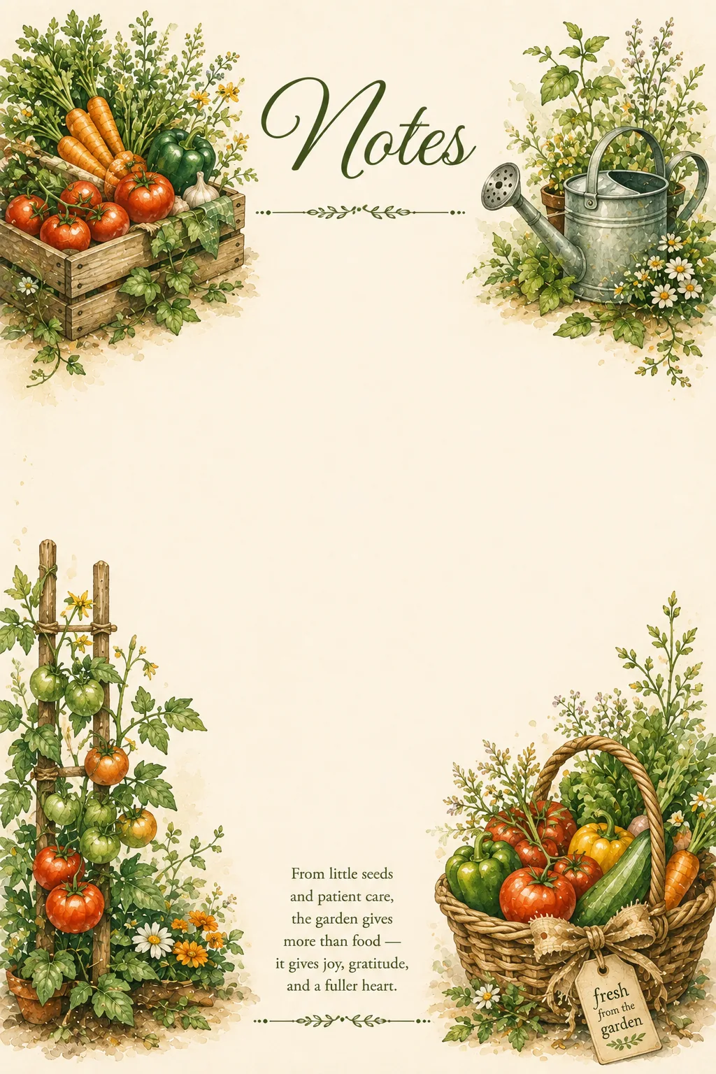 Vegetable garden with tomatoes, carrots, baskets and watering can around a writing page.