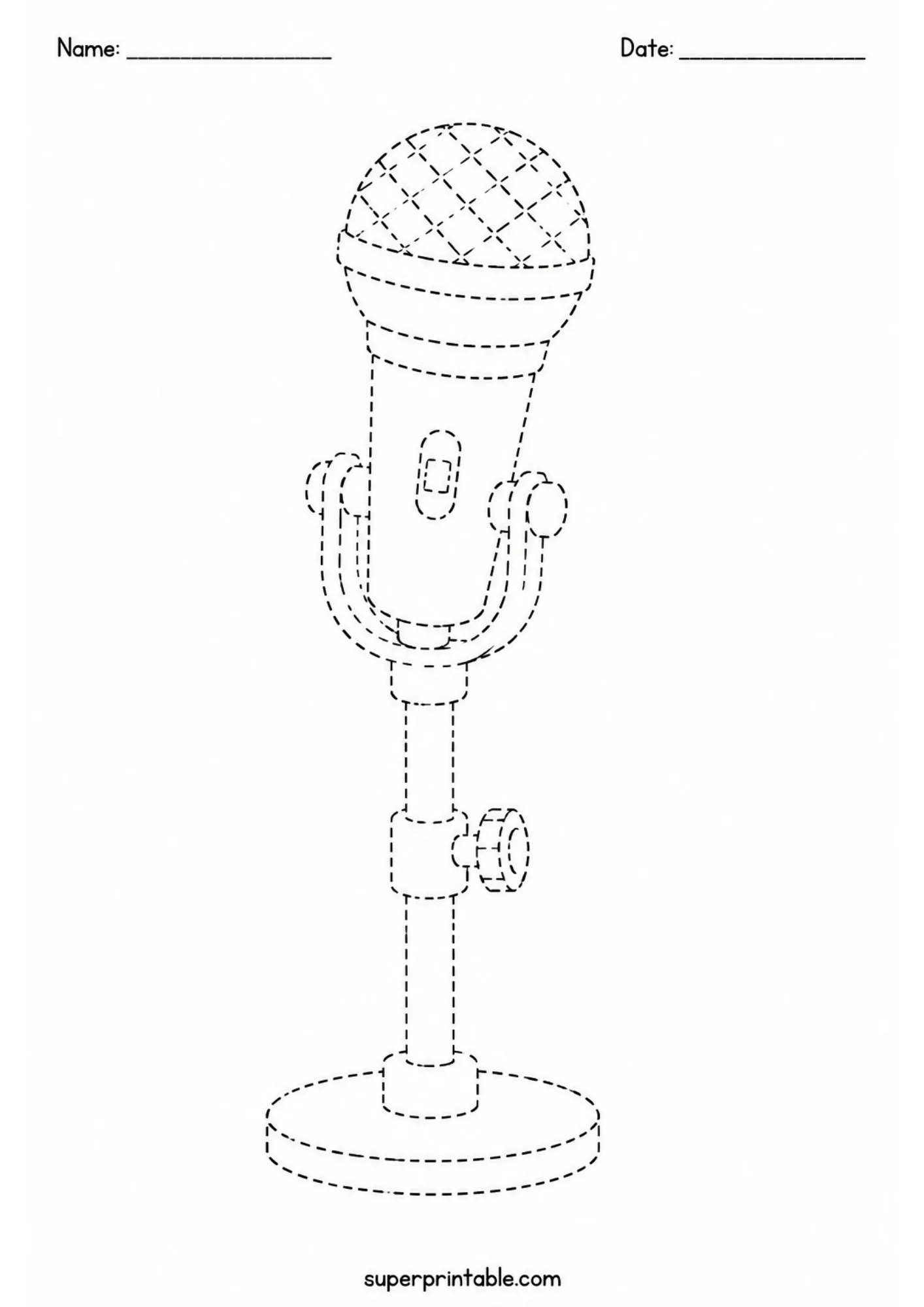 Line-art tracing page depicting a vintage microphone on a desktop stand.