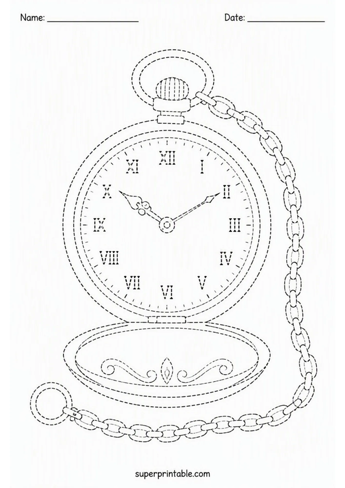Detailed vintage conductor pocket watch tracing sheet with Roman numerals.