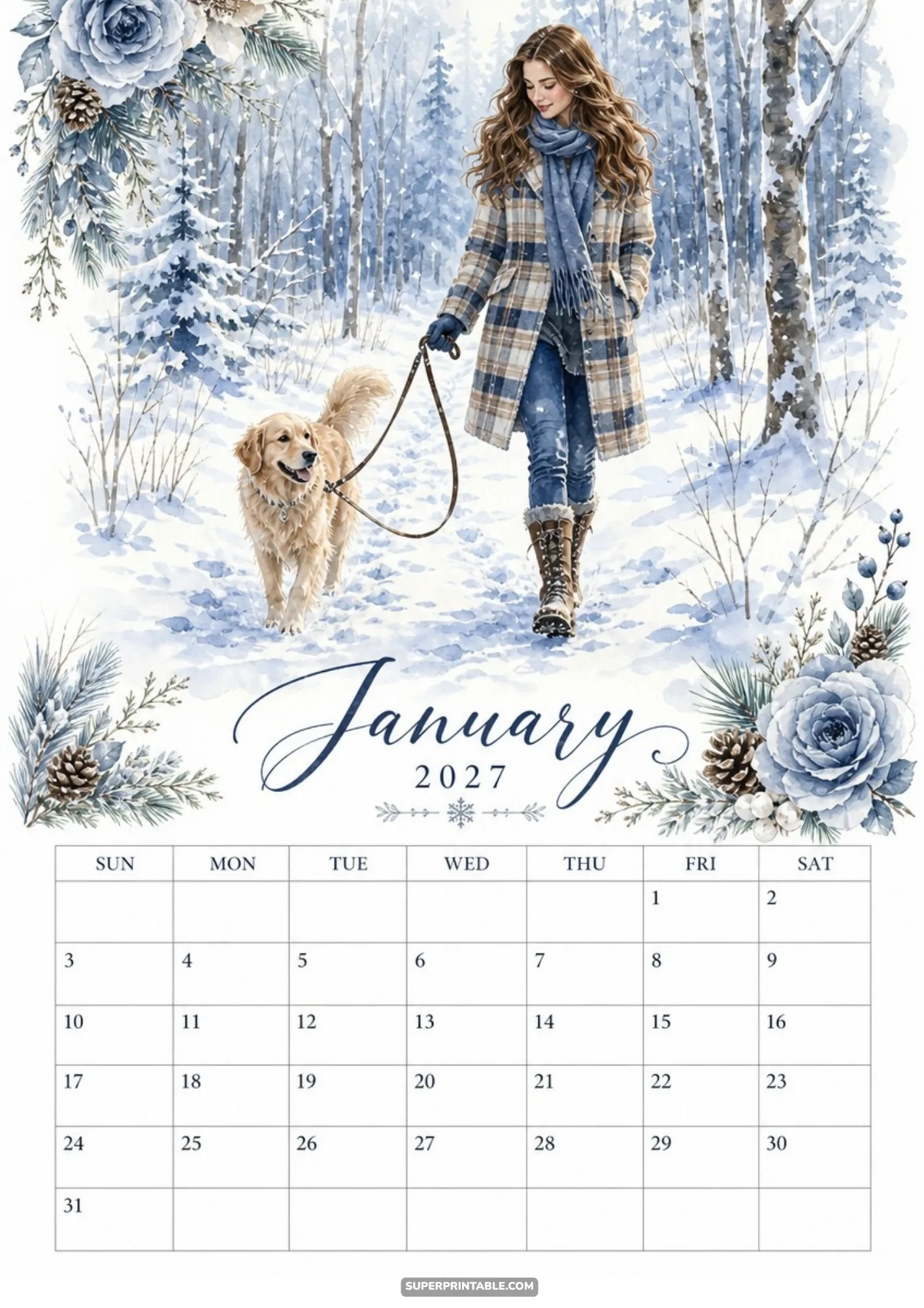 A woman in a plaid winter coat walks a golden retriever dog on a leash through a snowy forest trail