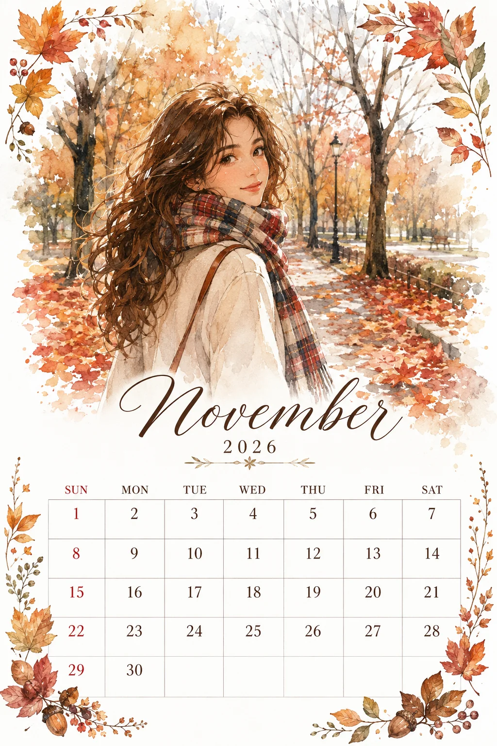 Printable watercolor autumn park scarf calendar sheet