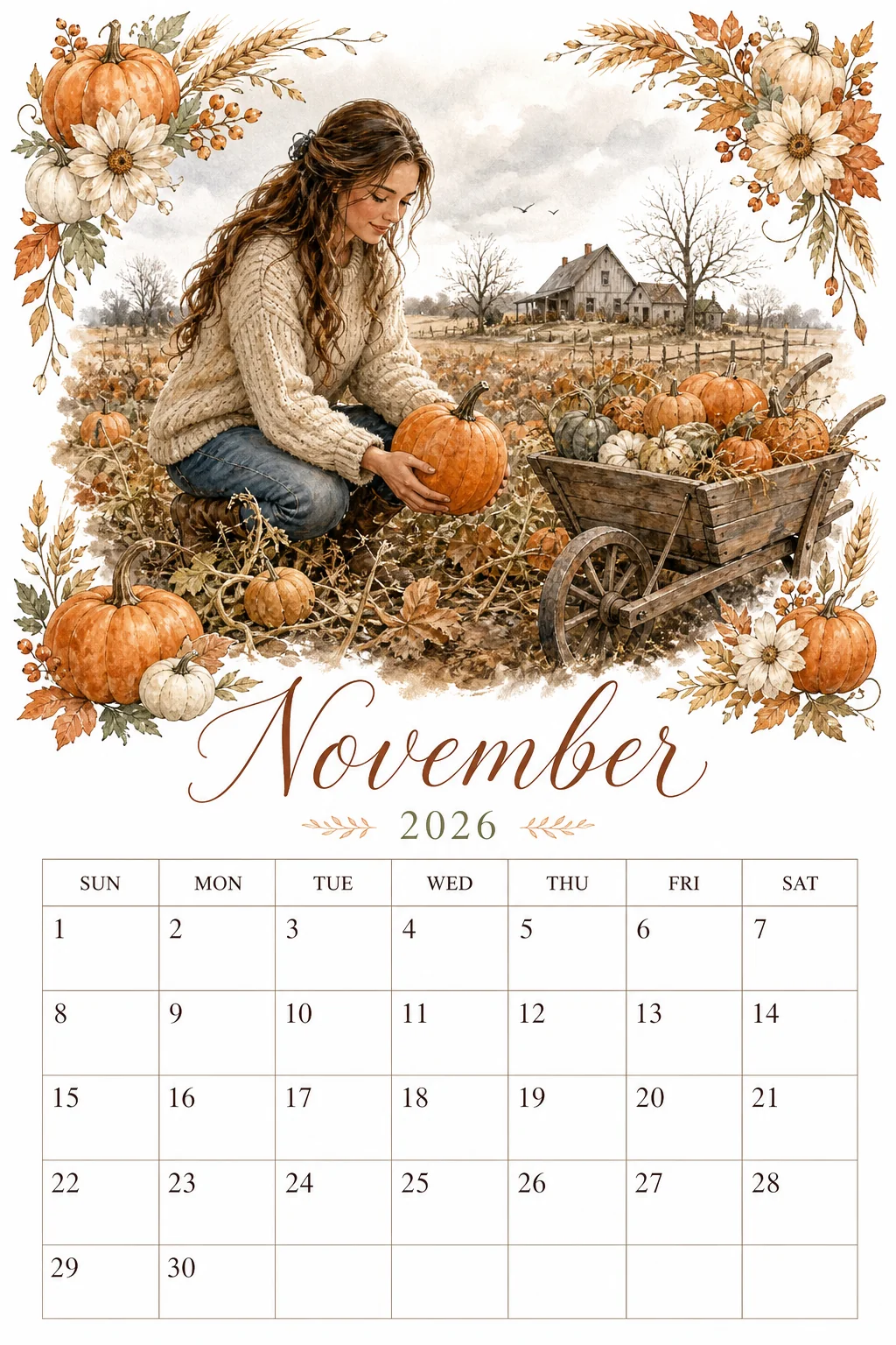 Printable watercolor pumpkin patch wheelbarrow calendar sheet