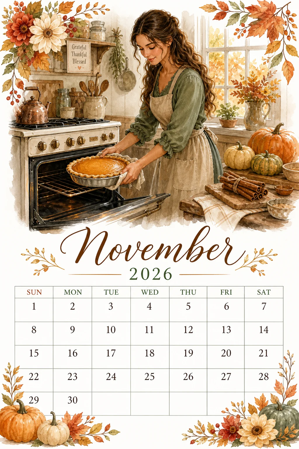 Printable watercolor pumpkin pie from the oven calendar sheet