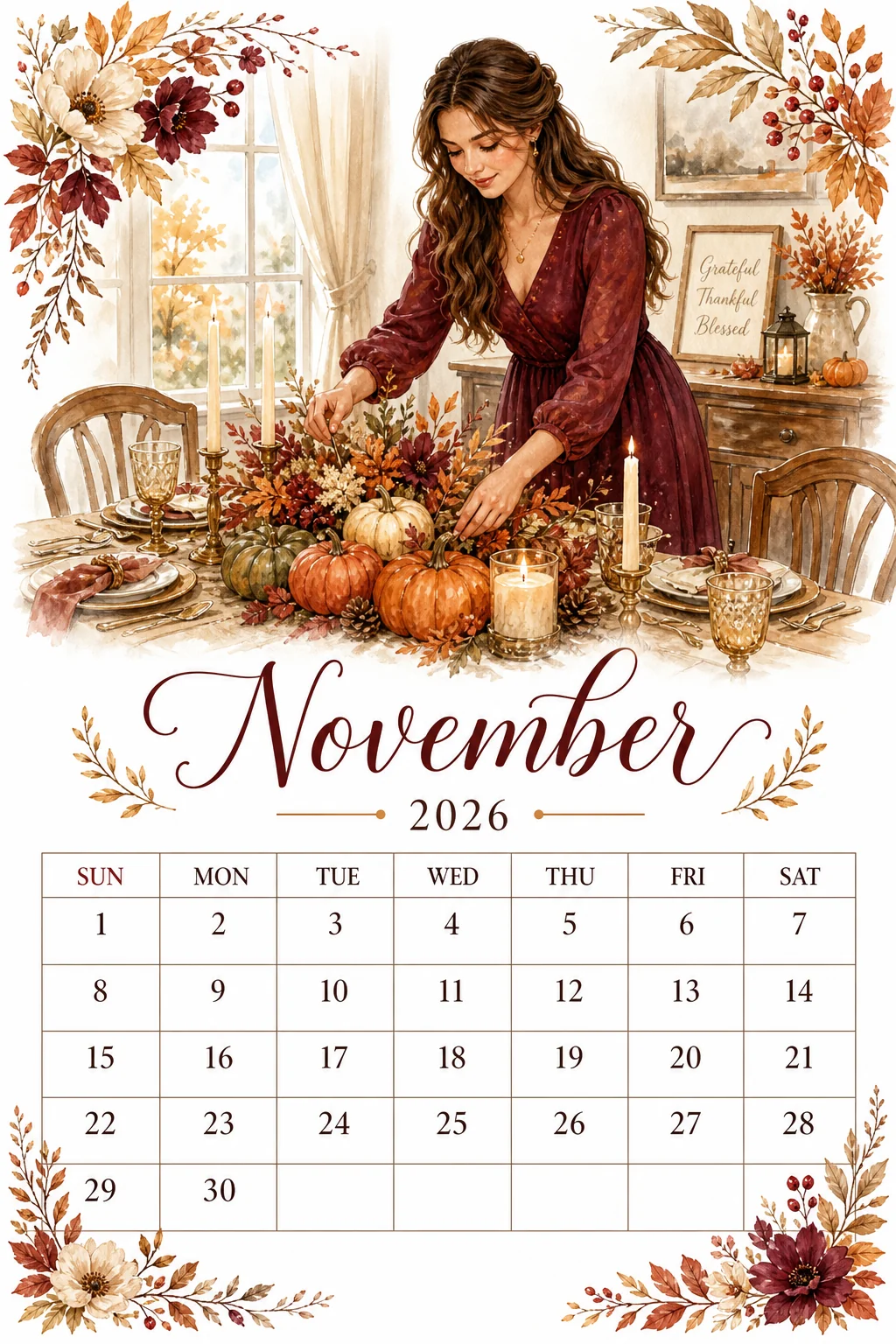 Printable watercolor thanksgiving table centerpiece calendar sheet