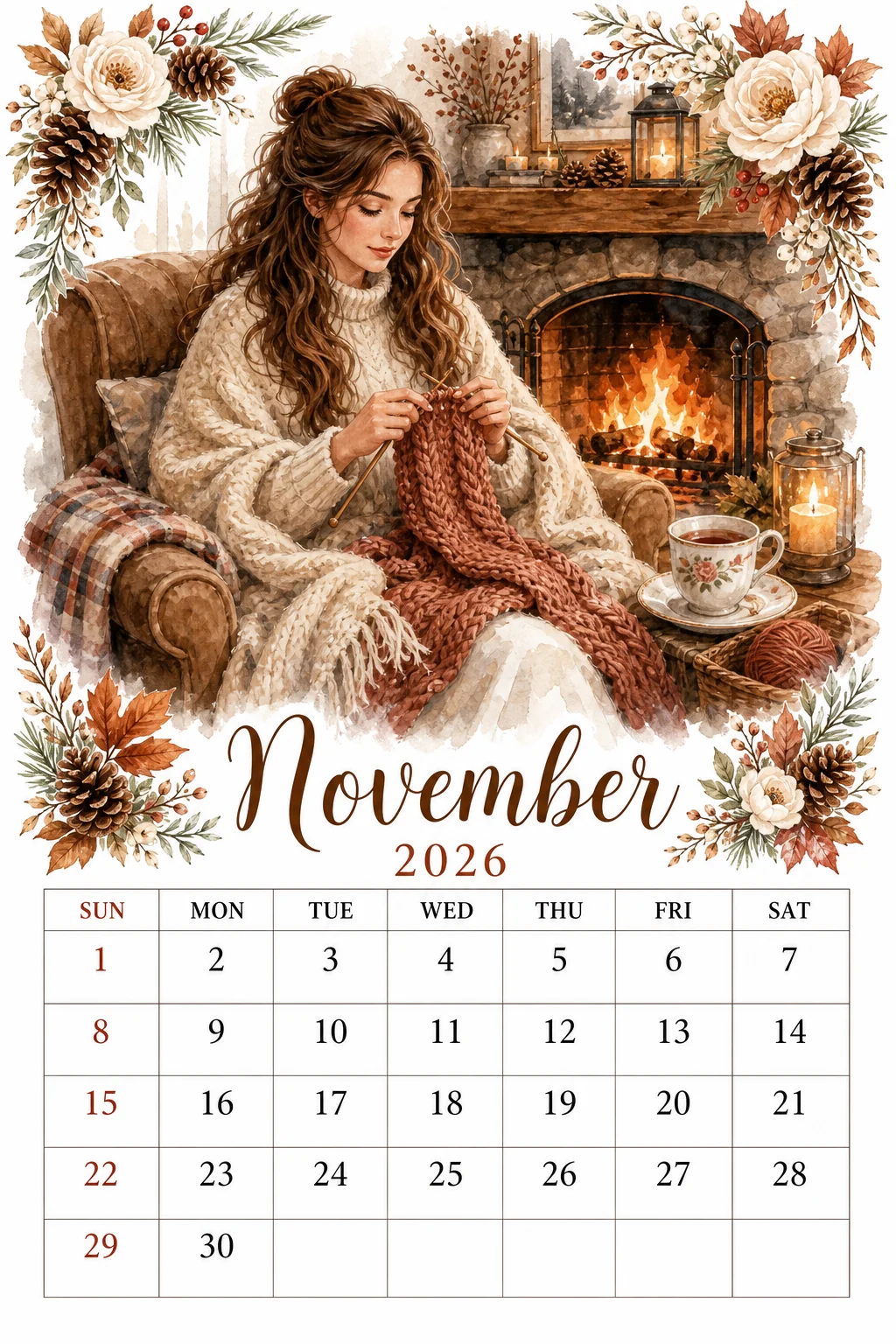 Printable watercolor fireside knitting calendar sheet