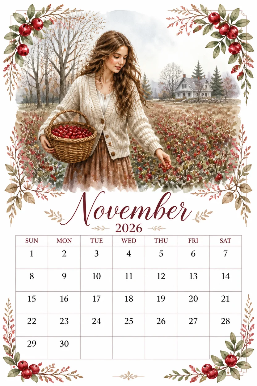 Printable watercolor cranberry bog harvest calendar sheet