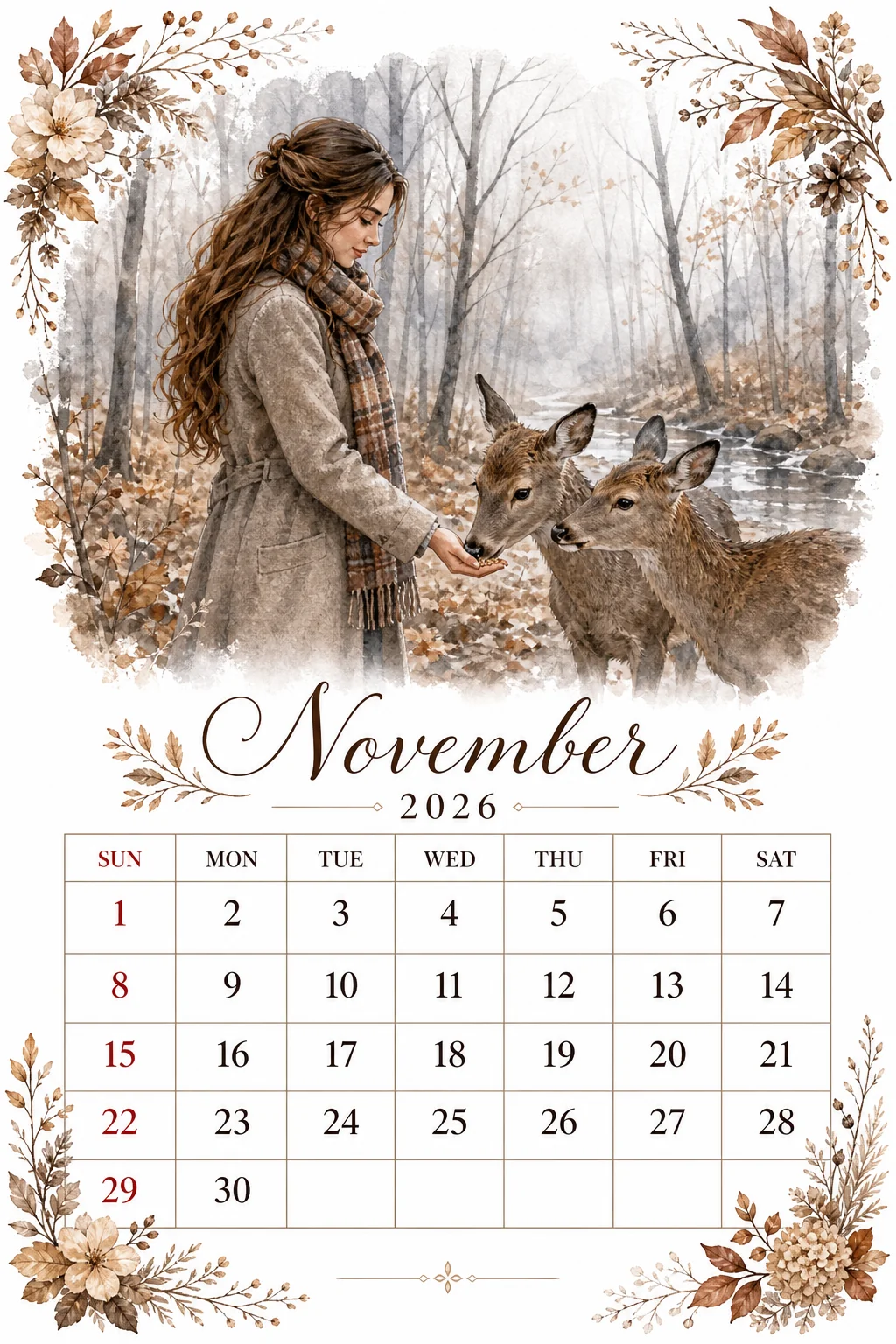 Printable watercolor feeding deer in the woods calendar sheet