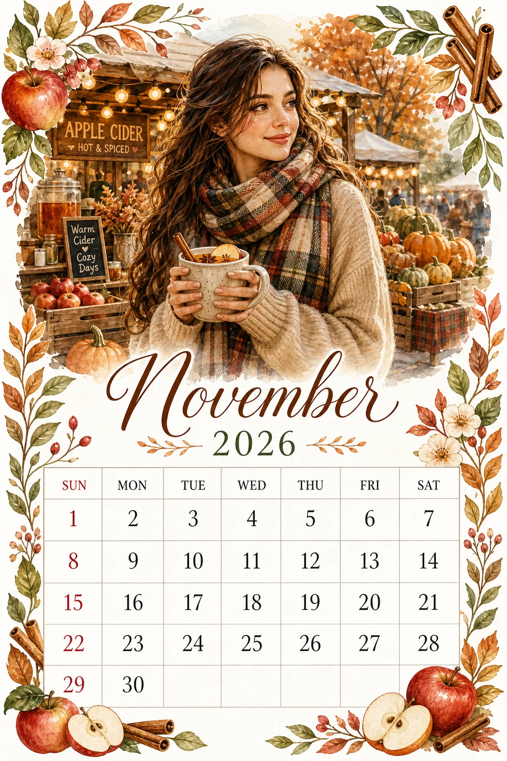 Printable watercolor apple cider market calendar sheet