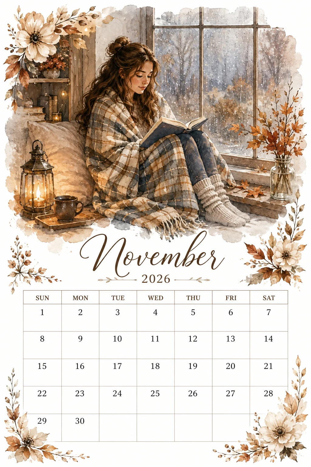 Printable watercolor window seat rainy reading calendar sheet