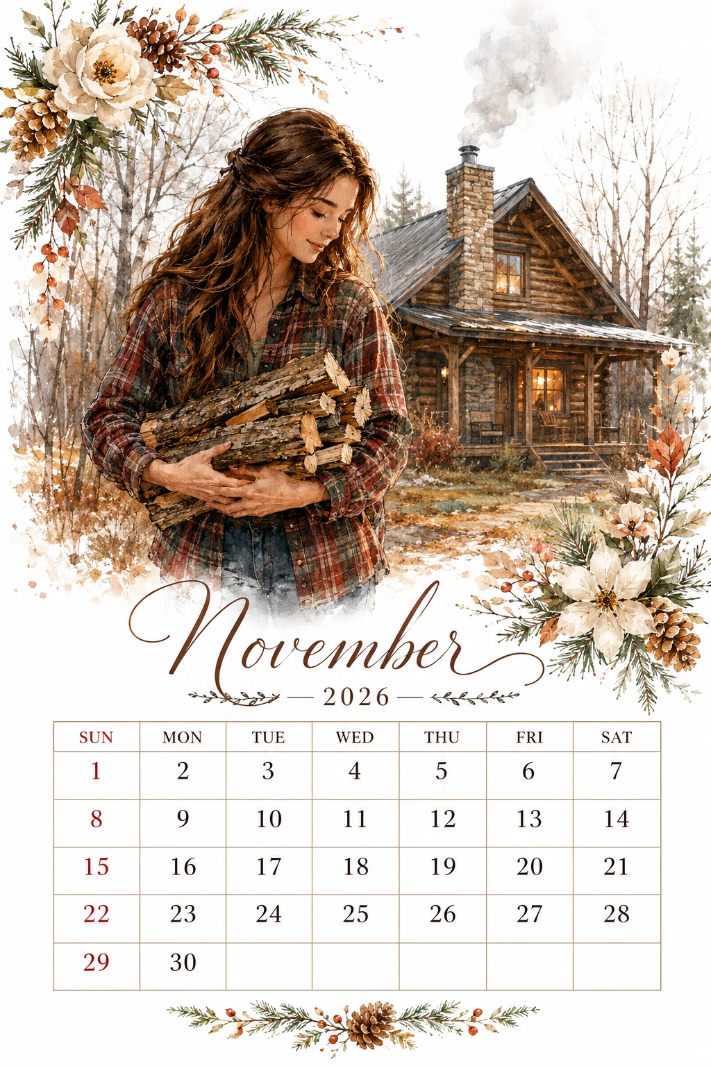 Printable watercolor cabin firewood calendar sheet