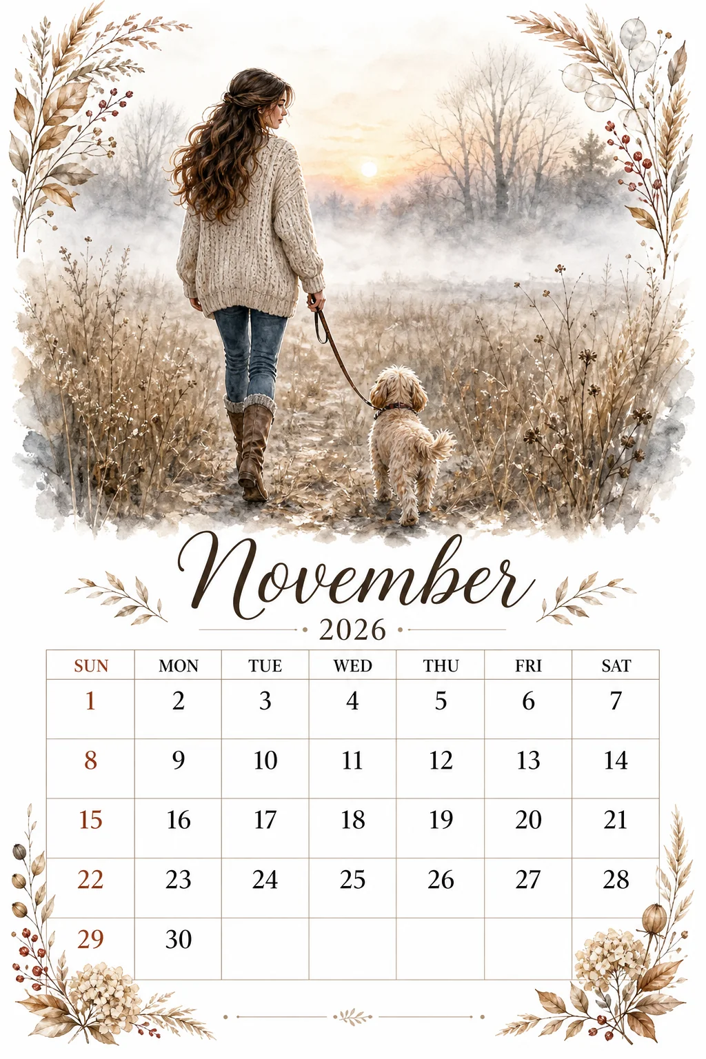 Printable watercolor sunrise dog walk calendar sheet