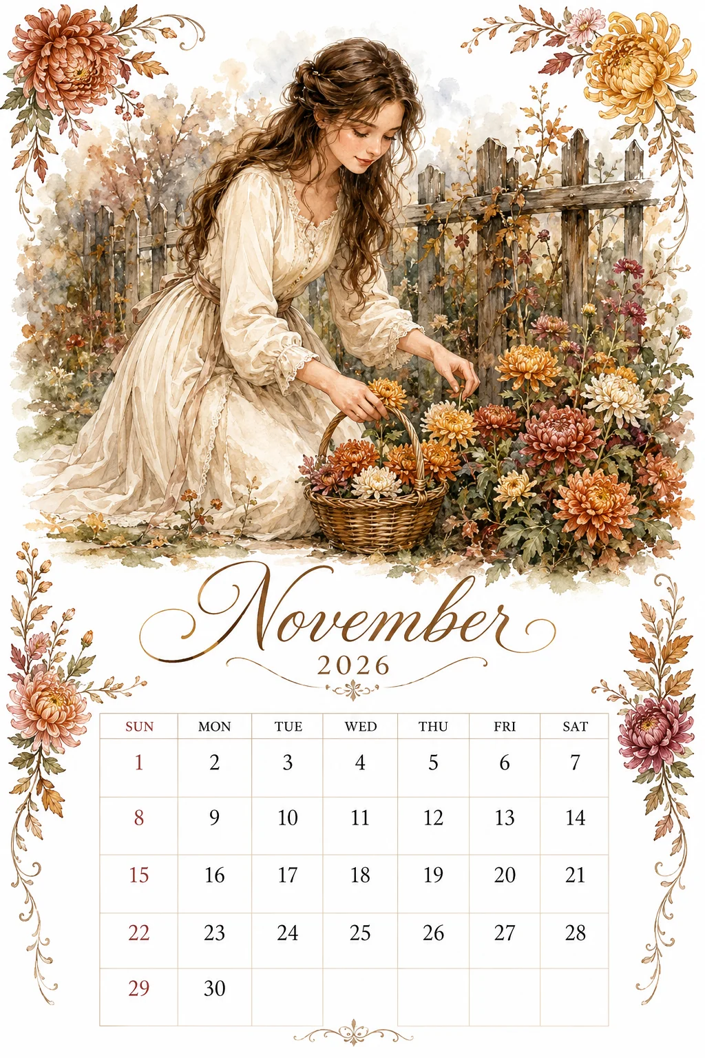 Printable watercolor chrysanthemum garden calendar sheet