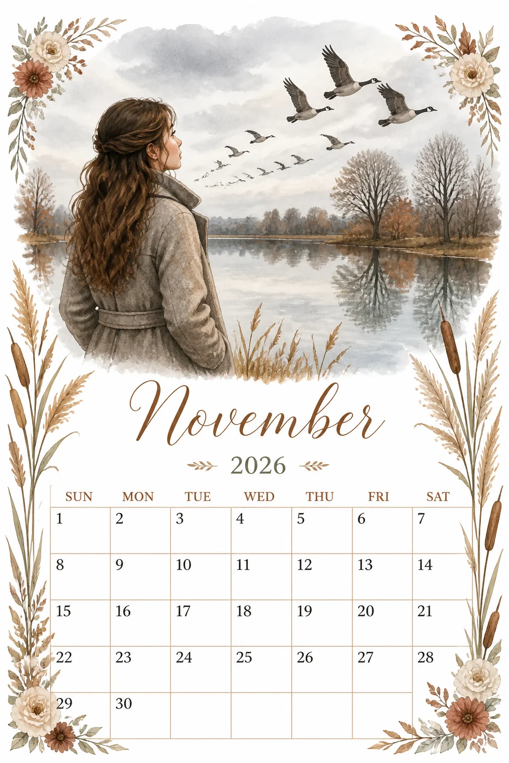 Printable watercolor migrating geese lakeside calendar sheet