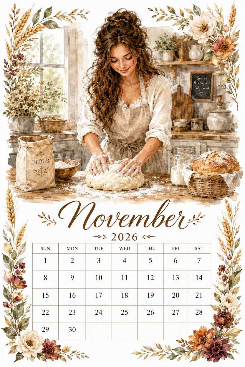 Printable watercolor kneading bread calendar sheet