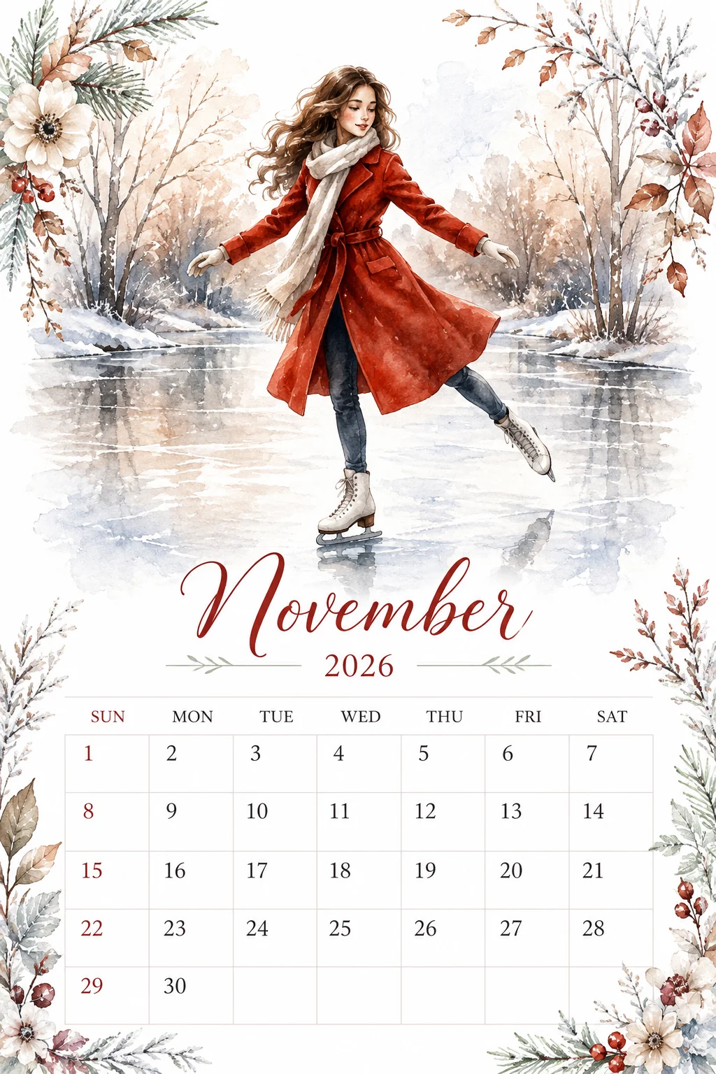 Printable watercolor ice skating pond calendar sheet