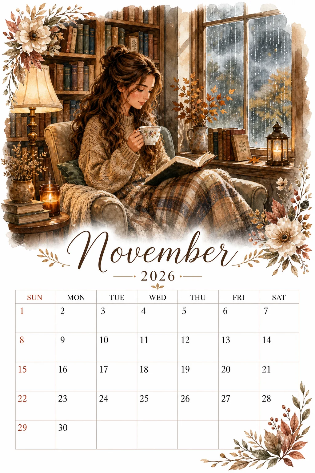 Printable watercolor library armchair reading calendar sheet
