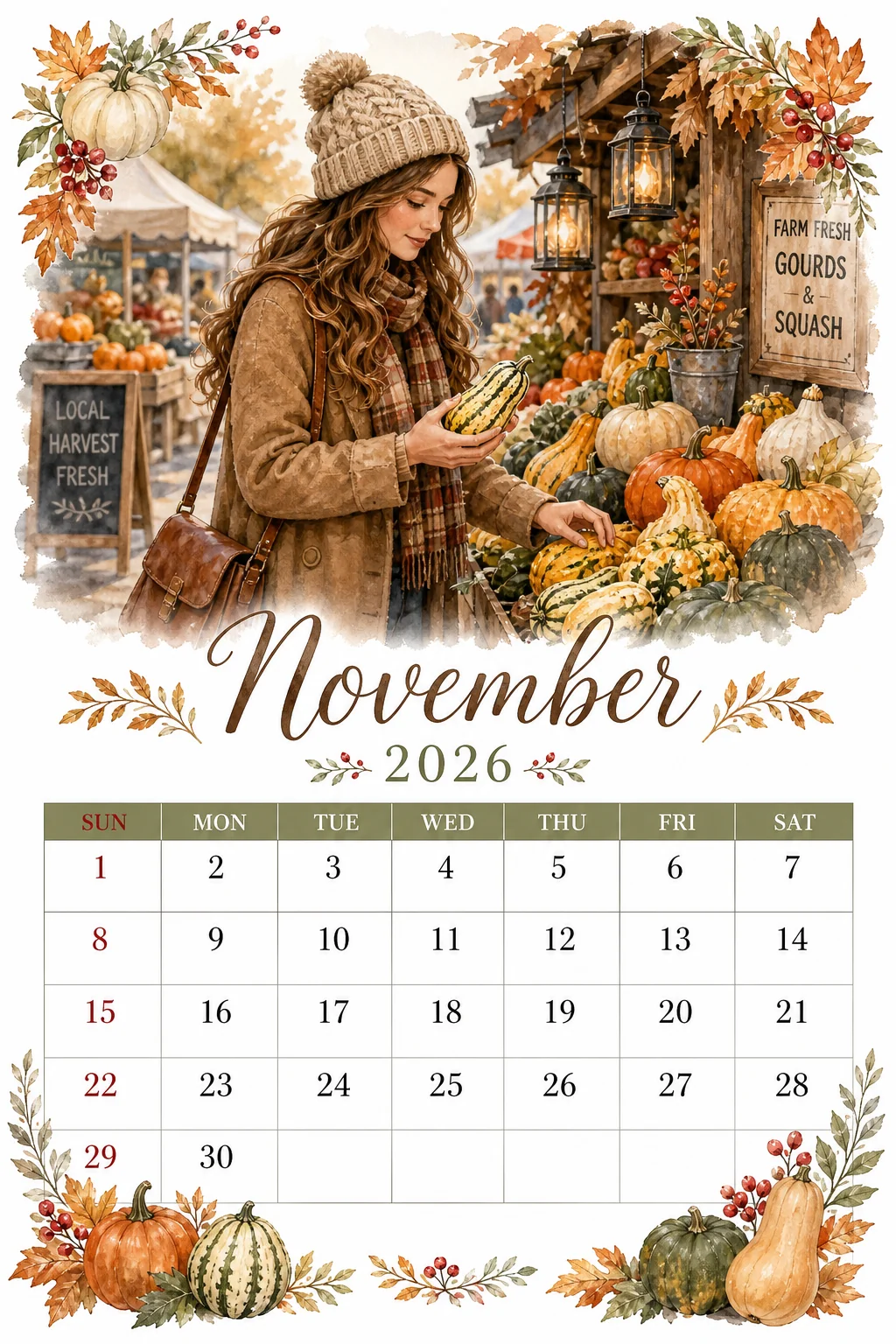 Printable watercolor farmstand gourds calendar sheet