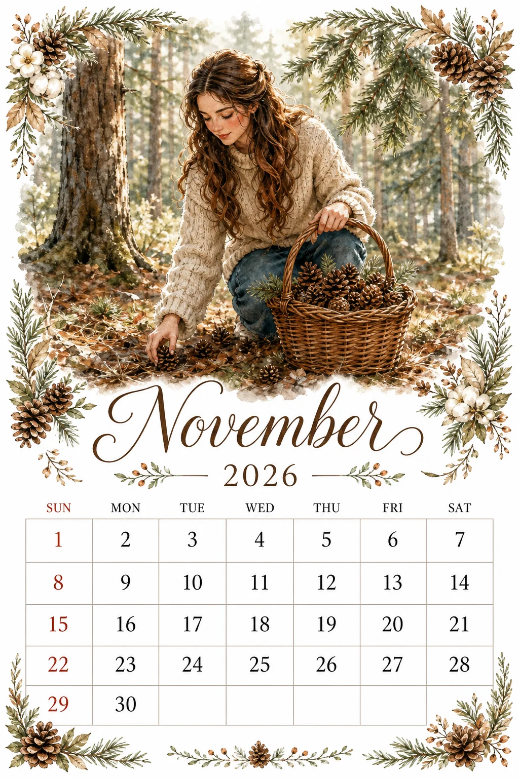 Printable watercolor pinecone forest foraging calendar sheet