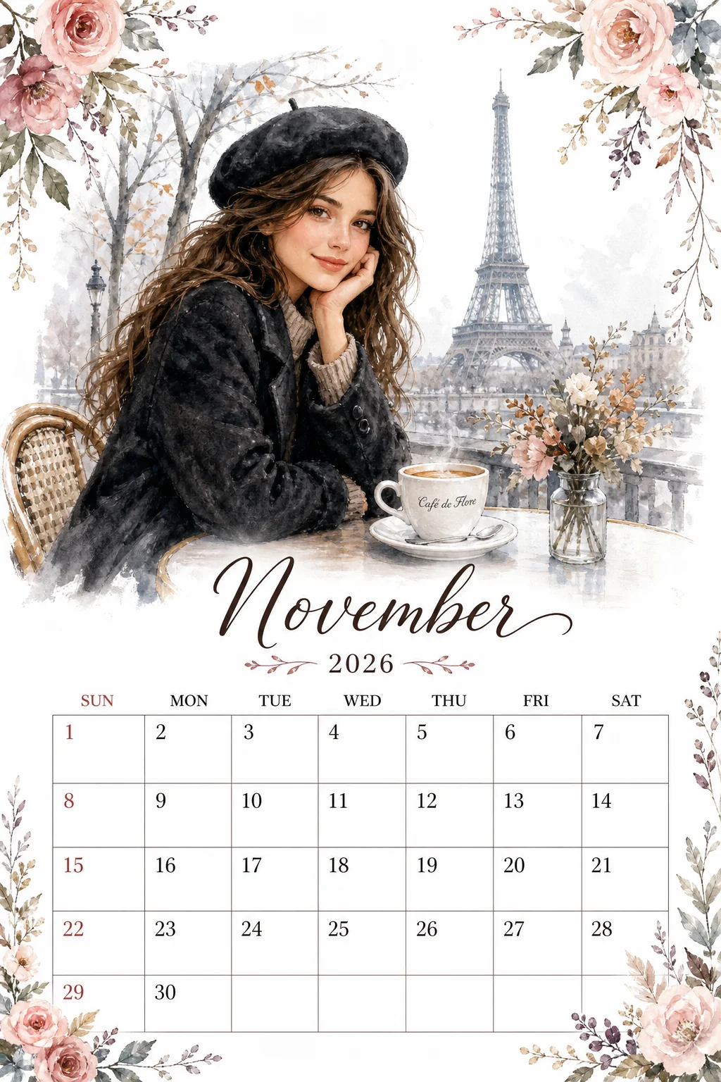 Printable watercolor paris cafe in november calendar sheet