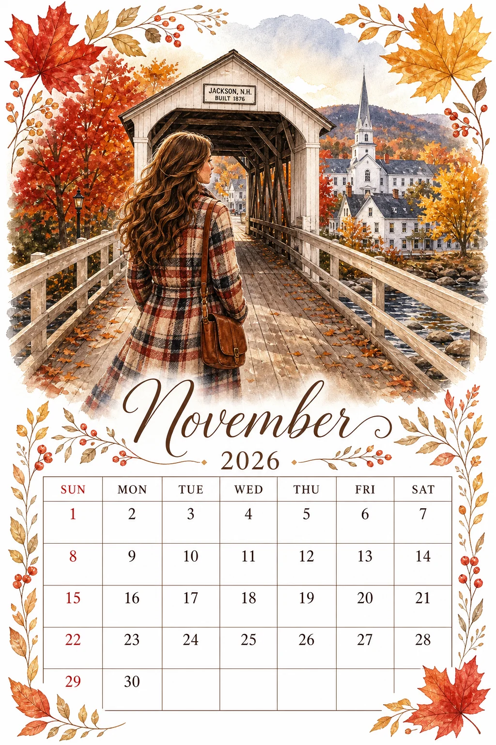 Printable watercolor jackson covered bridge calendar sheet