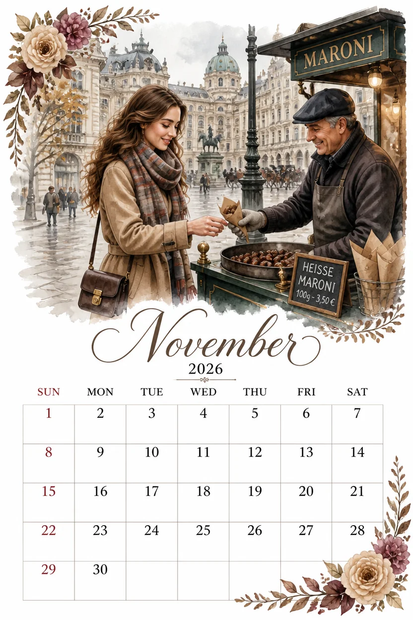 Printable watercolor vienna chestnut stand calendar sheet
