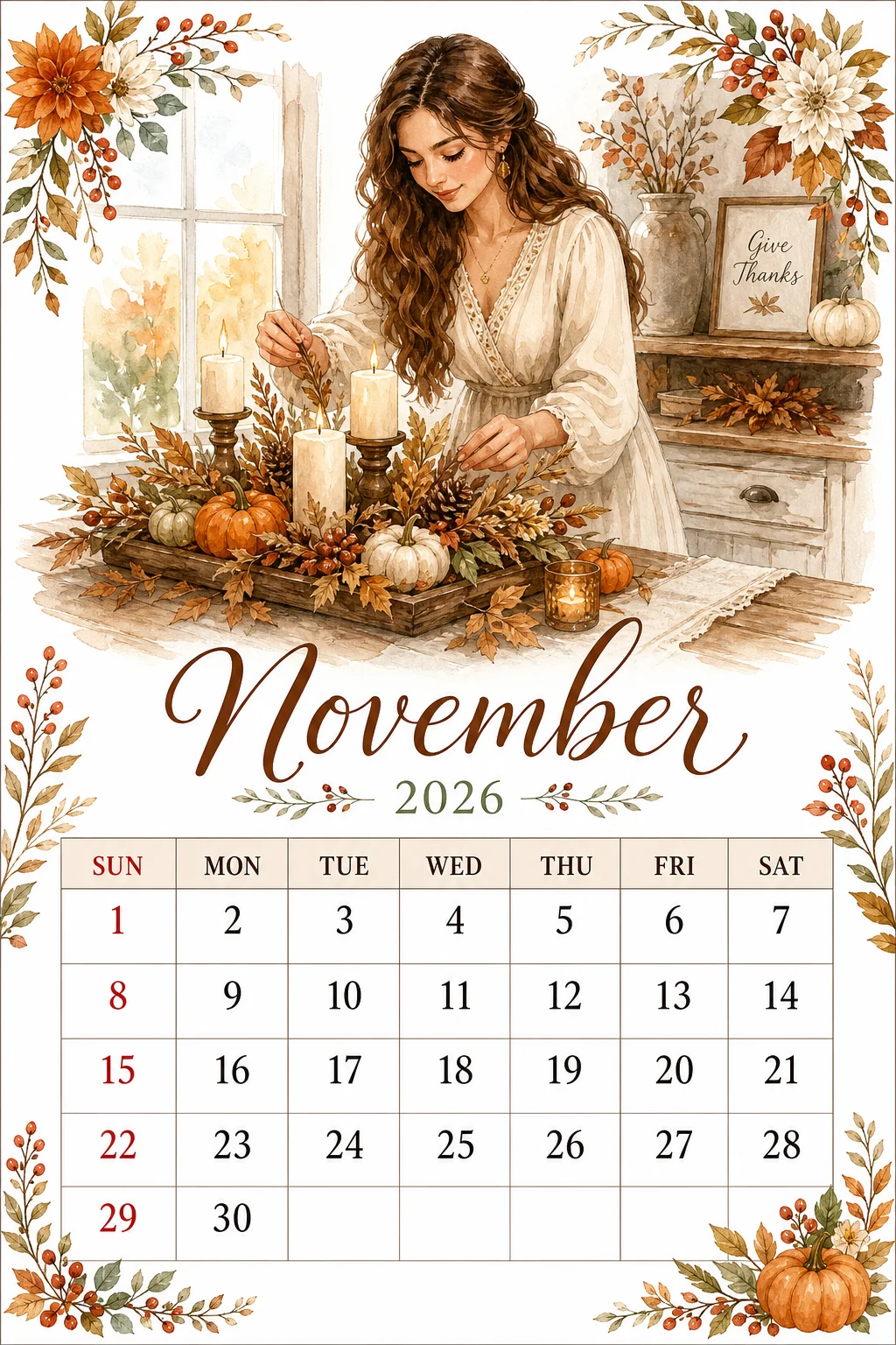 Printable watercolor candle centerpiece tray calendar sheet